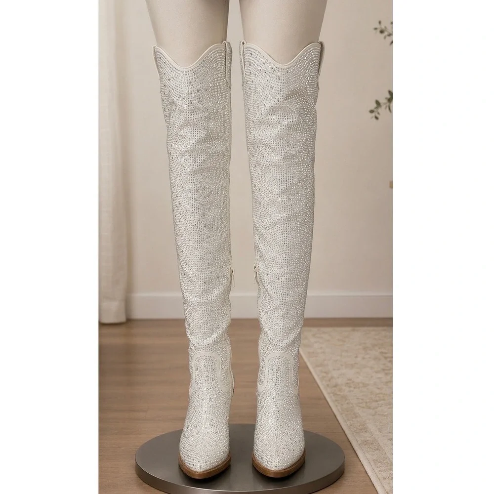 Forever White Rhinestone Over The Knee Western Cowgirl Boots Pointed Toe Heel 9